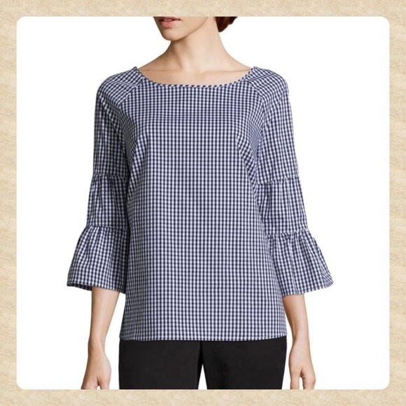 APT9 Gingham Bell Sleeve, Boat Neck Blouse - Picture 1 of 3